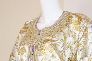 Moroccan Vintage Caftan in Gold Metallic Brocade, Maxi Gown Dress Kaftan