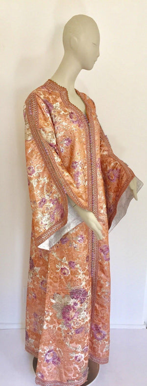 Moroccan Kaftan Orange and Purple Floral with Gold Embroidered Maxi Dress Caftan