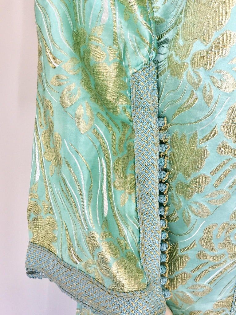 Moroccan Kaftan in Aqua and Gold Floral Brocade Metallic Lame