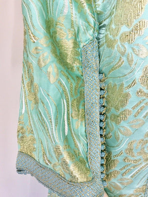 Moroccan Kaftan in Aqua and Gold Floral Brocade Metallic Lame