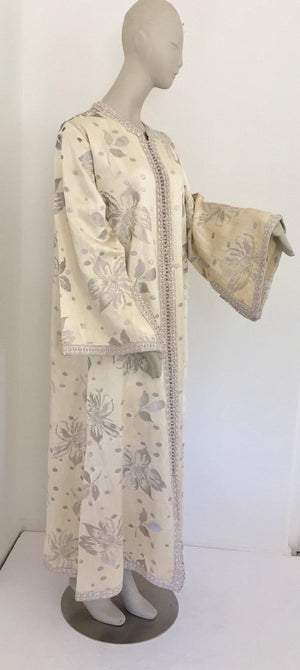 1960's Vintage Moroccan Caftan with Silver Metallic Floral Silk Brocade