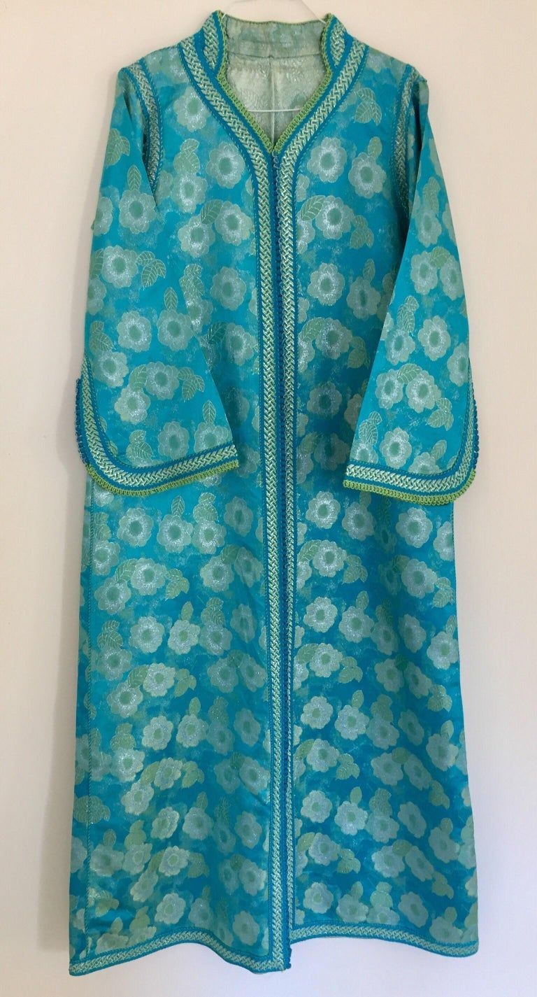 Moroccan Kaftan in Turquoise and Gold Floral Brocade Metallic Lame