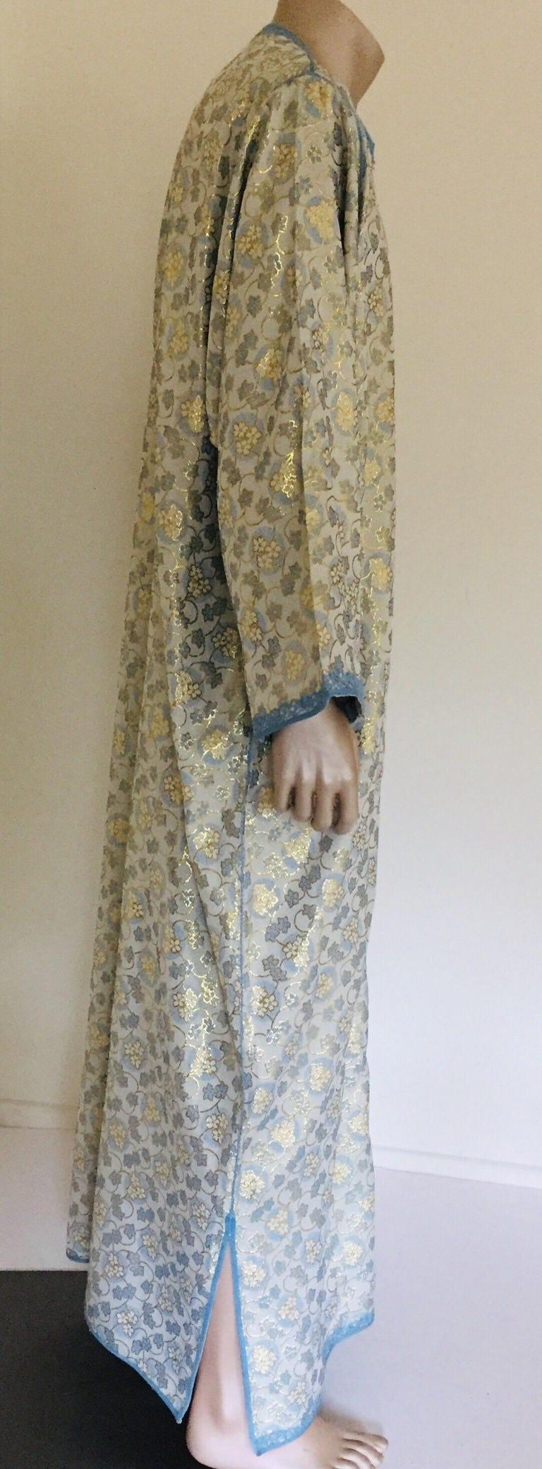 Metallic Blue and Silver Brocade 1970s Maxi Dress Caftan, Evening Gown Kaftan