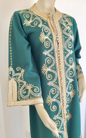 Vintage Moroccan Caftan Emerald Green Maxi Dress, circa 1970 Size M