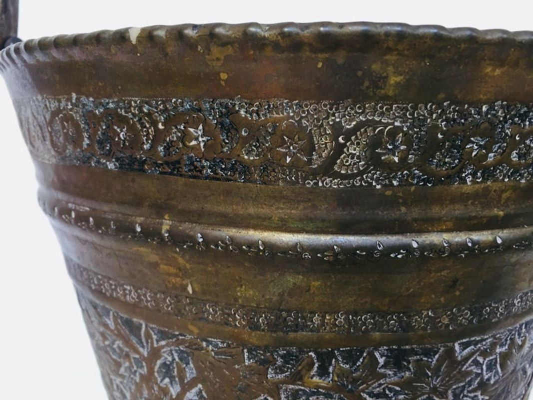 Handcrafted Copper Vessel Bucket with Floral Design, India
