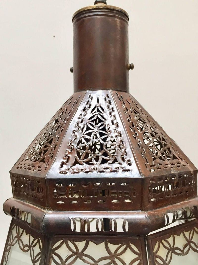 Moroccan Vintage Metal and Frosted Glass Light Fixture