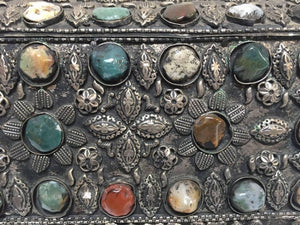 Large Moroccan Wedding Silvered Jewelry Box Inlaid with Semi-Precious Stones
