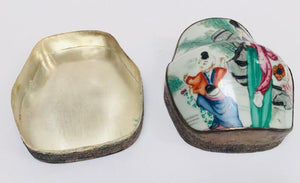 Vintage Trinket Metal Box with Porcelain Top Hand Painted Asian Scene