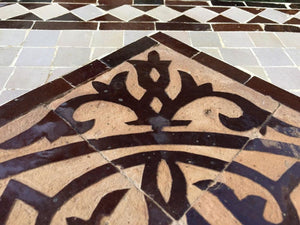 Moroccan Mosaic Tile Side table on Iron Base, Brown and White