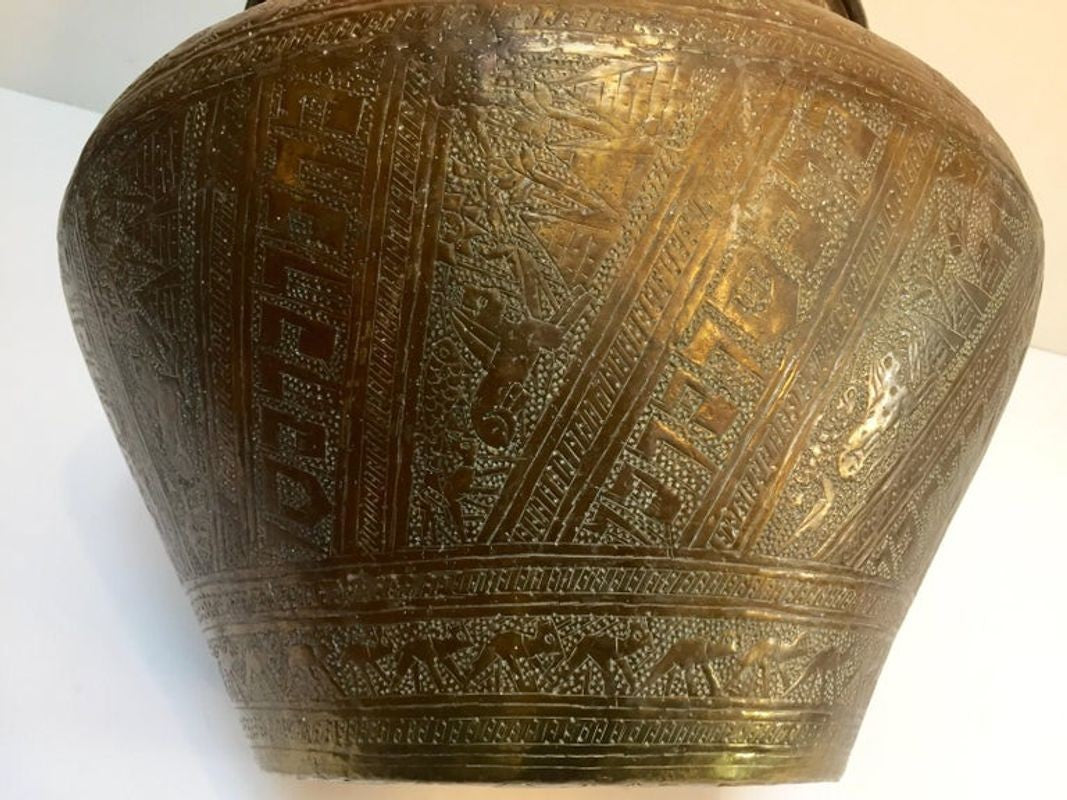 Middle Eastern Egyptian Hebraique Revival Hand Etched Brass Pot Jardiniere