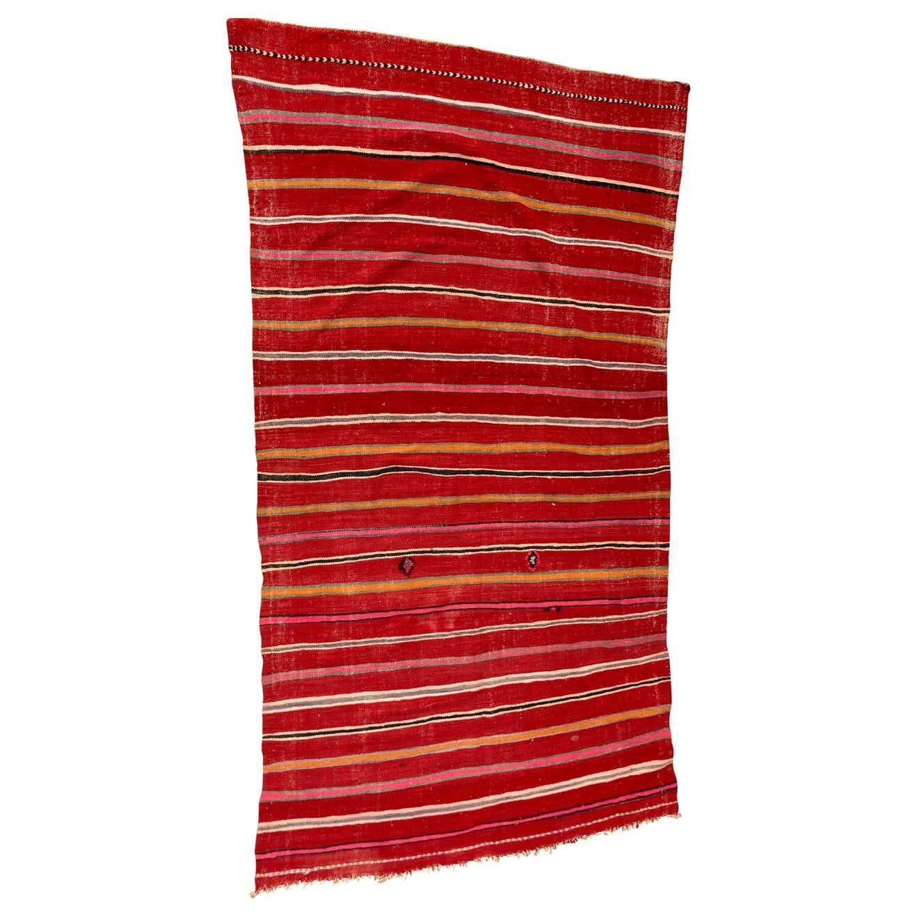 1960s Moroccan Vintage Flat-Weave Ethnic Textile Rug