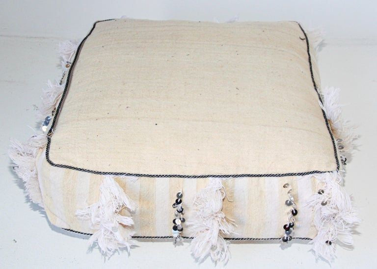 Moroccan White Floor Pillow with Silver Sequins and Long Fringes