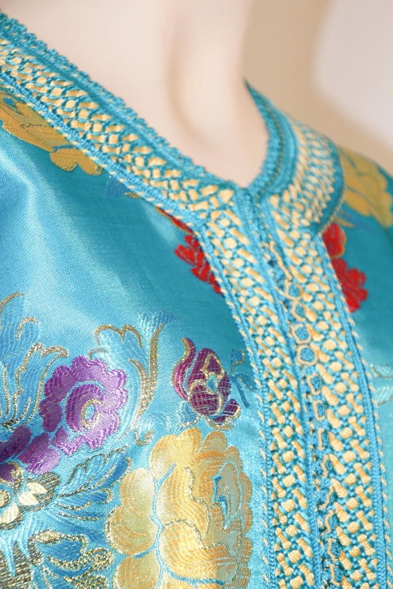 Elegant Moroccan Caftan in Blue Metallic Floral Brocade