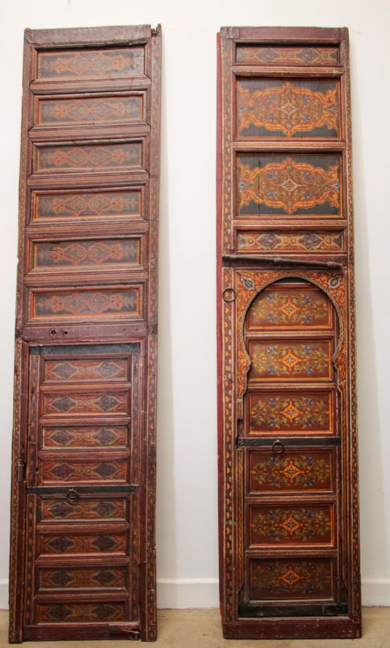 19th Century Moroccan Antique Double Door with Hand Painted Moorish Designs