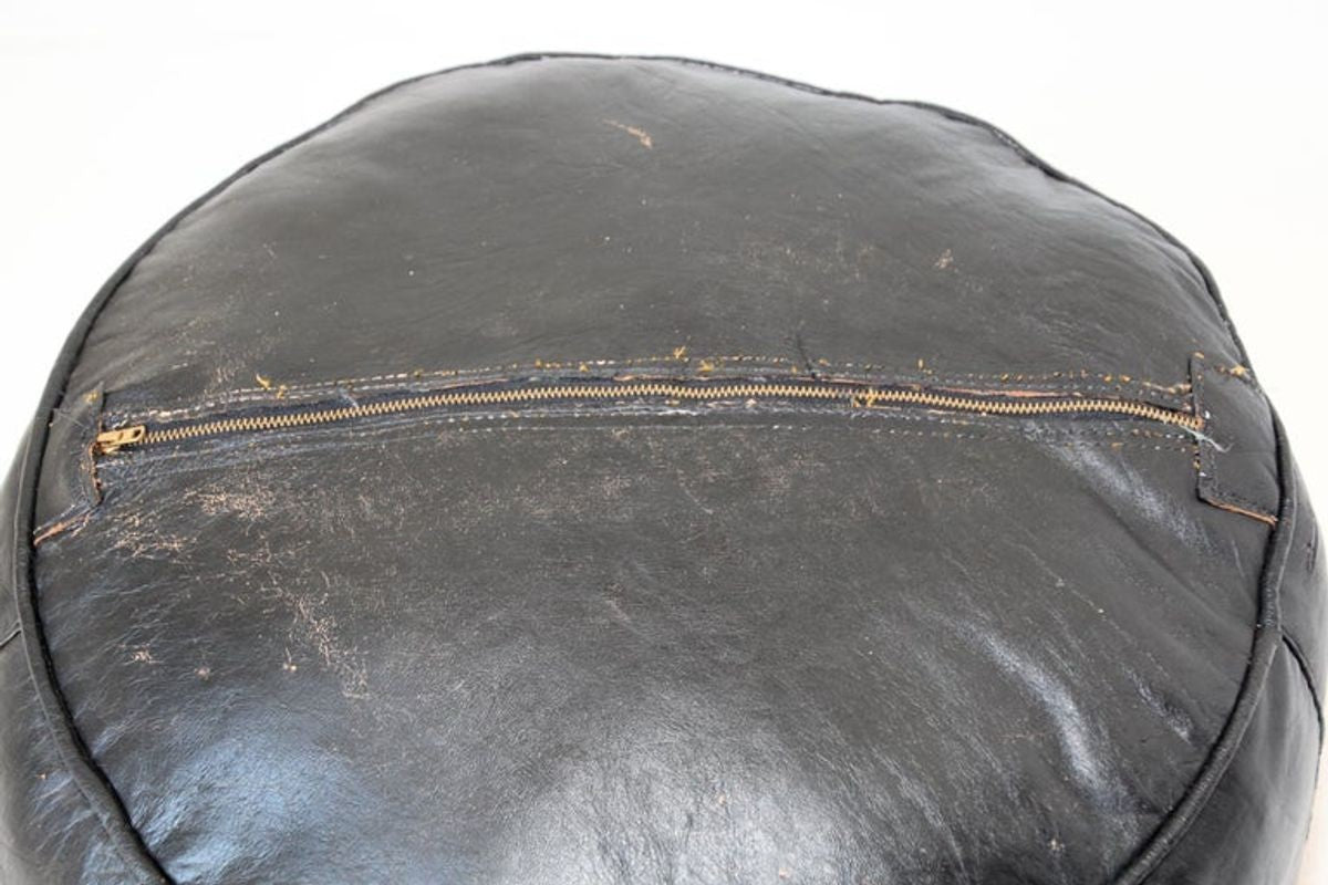 Vintage Moroccan Leather Pouf Hand-Tooled in Marrakesh Red and Black