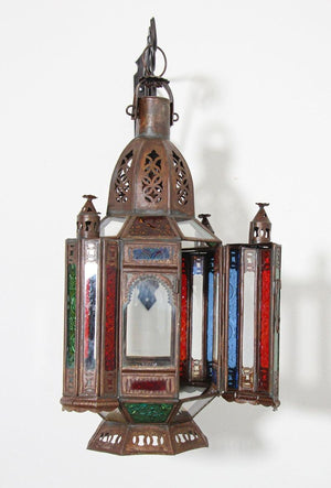 Vintage Moroccan Moorish Metal and Stained Glass Lantern or Pendant