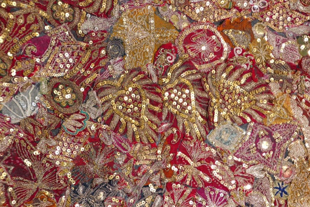 Mughal Embroidered Metal Threaded Tapestry from Rajasthan Framed