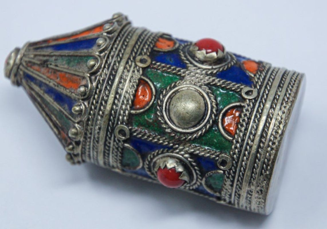 Antique Silver Enameled Ring Container Box from Kabylie, Algeria