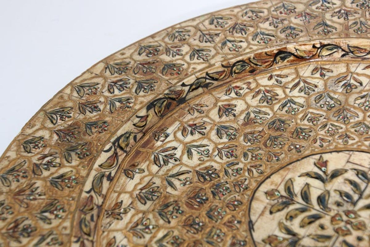 Indian Mughal style Overlaid and Hand Painted Metal Platter 1950