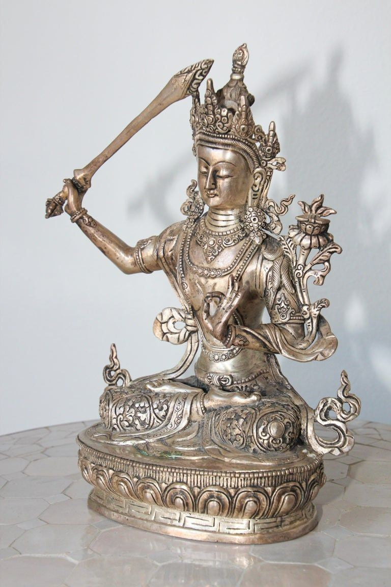 Silvered Metal Manjushri, Sino, Tibetan Buddhist Deity