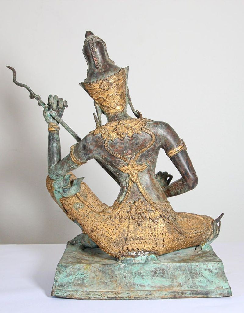 Asian Thai Gilt Vintage Bronze Statue of a Prince Playing Music