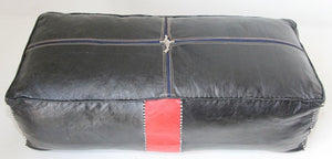 Vintage Moroccan Leather Rectangular Pouf in Red and Black