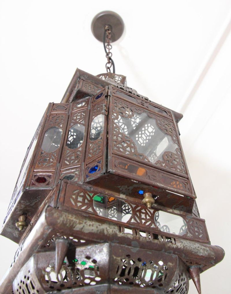 Vintage Moroccan Moorish Bronze Metal & Multicolor Glass Hanging Lantern