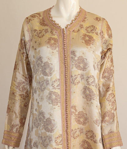 Vintage Moroccan Caftan Gold Damask Embroidered 1960s