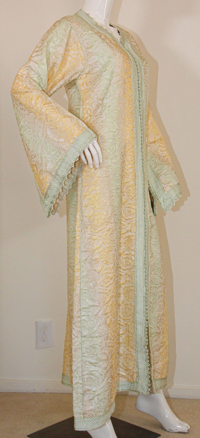 Vintage Moroccan Kaftan, Gold and Sage Damask Embroidered, ca. 1970s