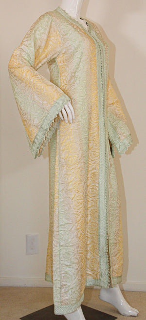Vintage Moroccan Kaftan, Gold and Sage Damask Embroidered, ca. 1970s