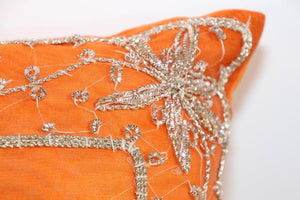 Beaded Orange Throw Pillow Embellished with Sequins