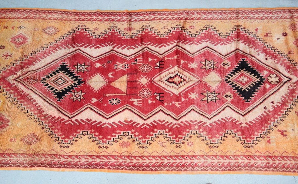 Vintage Moroccan Berber Rug in Saffron, Coral and Black, 71 x 145 in, 1960s