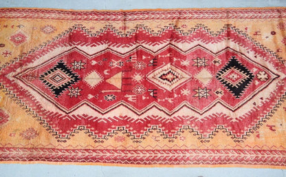 Vintage Moroccan Berber Rug in Saffron, Coral and Black, 71 x 145 in, 1960s