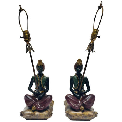Pair of Vintage Orientalist Polychrome Figural Table Lamps with Gilt Accents