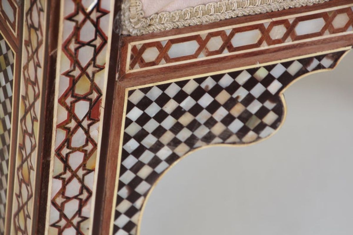 Antique Moroccan Benches with Mosaic White Shell Inlay a Pair