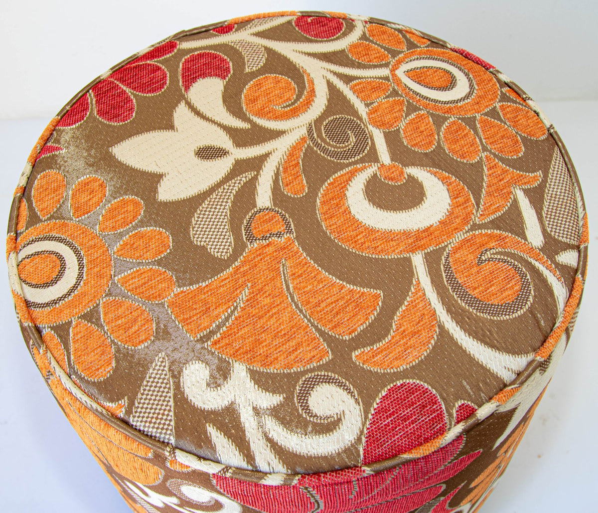 Vintage Moroccan Round Pouf Ottoman in 1970s Psychedelic Floral Velvet a Pair