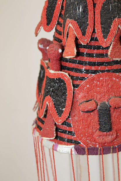 Yoruba Nigeria African Red Royal Beaded Headdress Crown on Lucite Stand