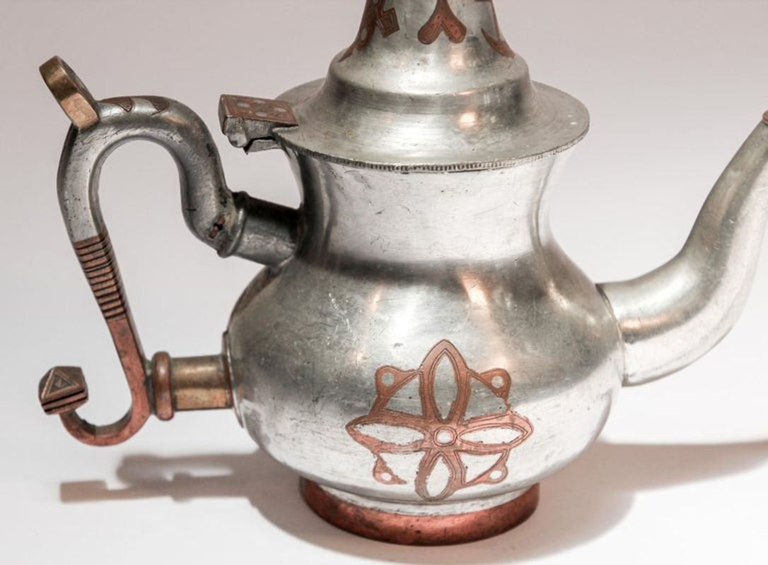 Handcrafted Tuareg Tea Pot, Pewter with Brass & Copper, 1950s