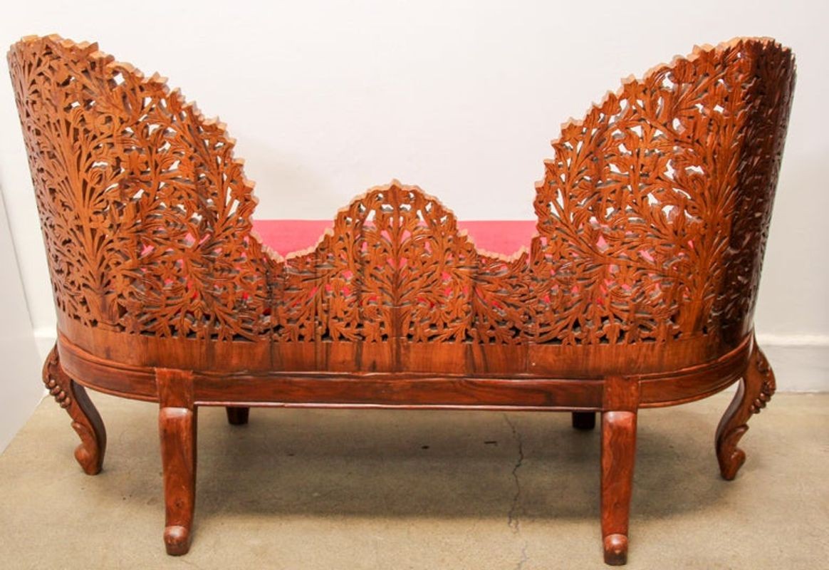 Anglo-Raj Settee with Open Back Hand Carved Tree of Life Back