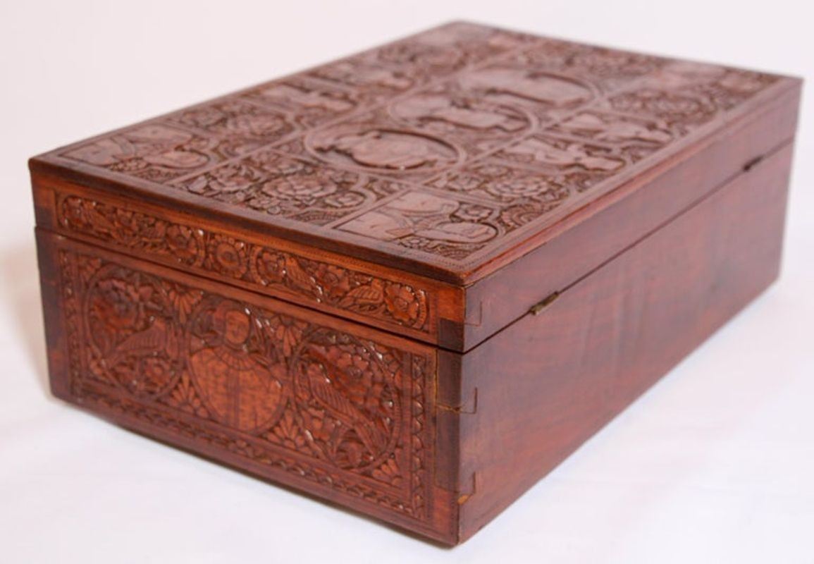 Large Early 19th Century Antique Hand Carved Wooden Mughal Decorative Box