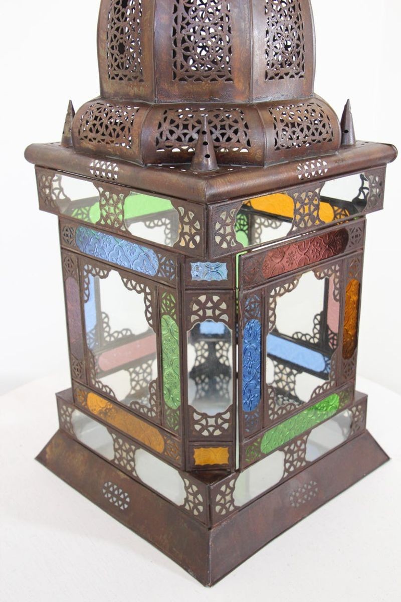 Moroccan Metal Lantern with Multicolor Glass