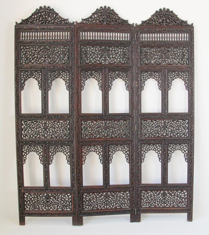 19th Century Anglo-Indian Mughal Carved Hardwood Three-Panel Screen, circa 1880