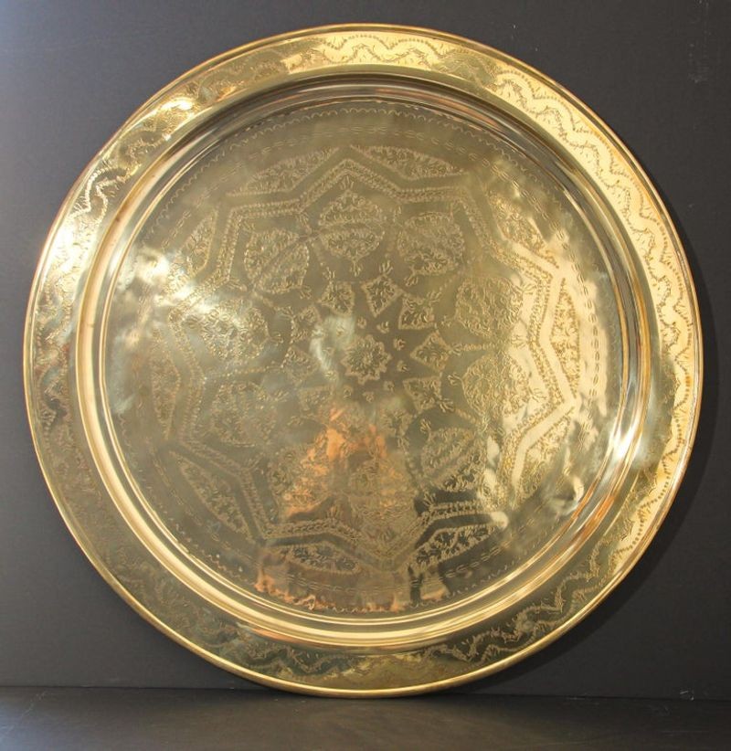 Monumental Moroccan Polished Metal Brass Tray Platter 39 inches