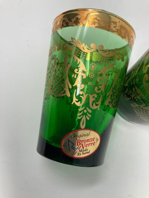 Set of Six Handblown Moorish Green and Gold Tea Glasses