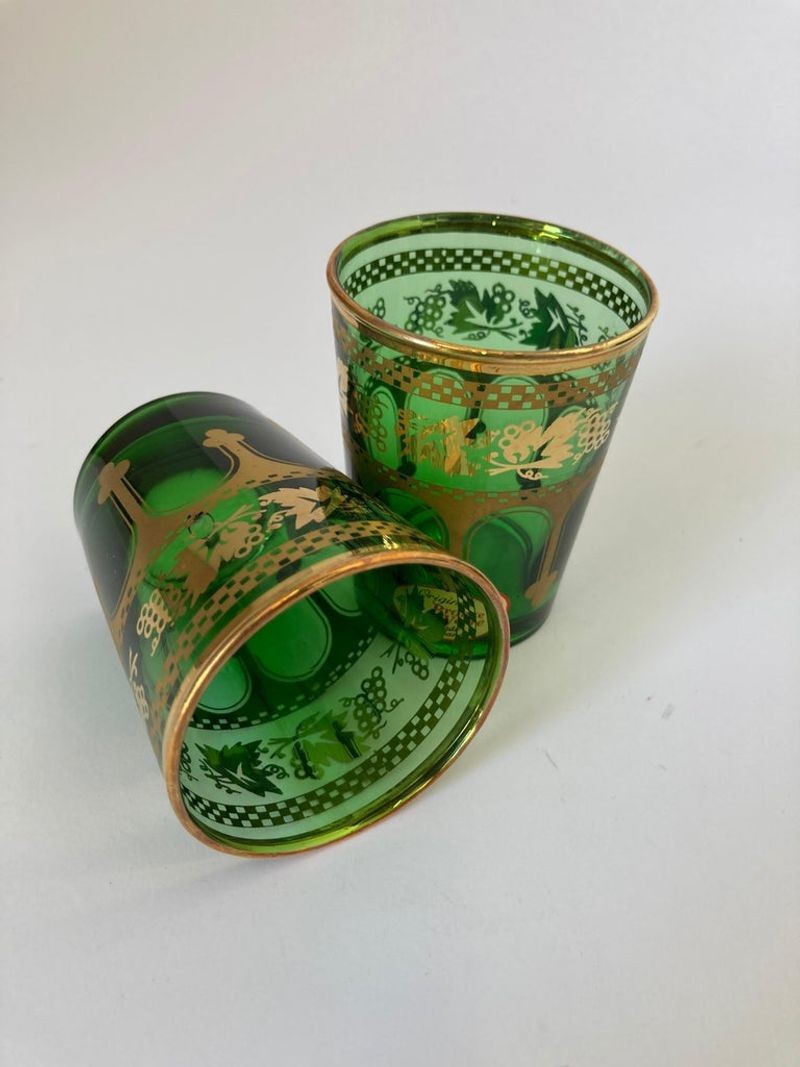 Set of Six Handblown Moroccan Green and Gold Glasses