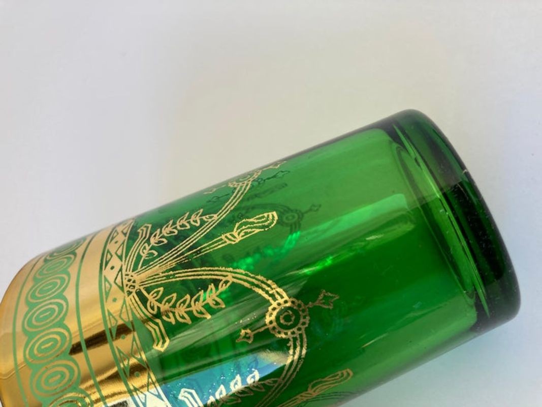 Set of Six Handblown Moroccan Moorish Green and Gold Glasses