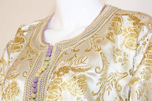 Moroccan Vintage Caftan in Gold Metallic Brocade, Maxi Gown Dress Kaftan