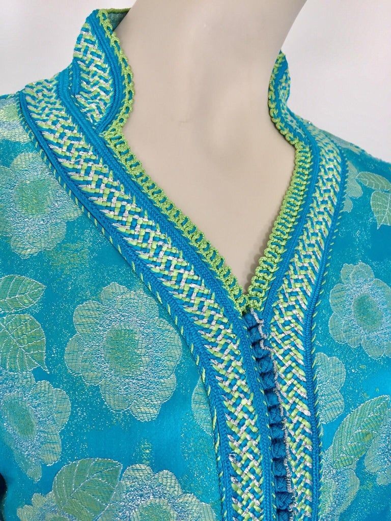 Moroccan Kaftan in Turquoise and Gold Floral Brocade Metallic Lame
