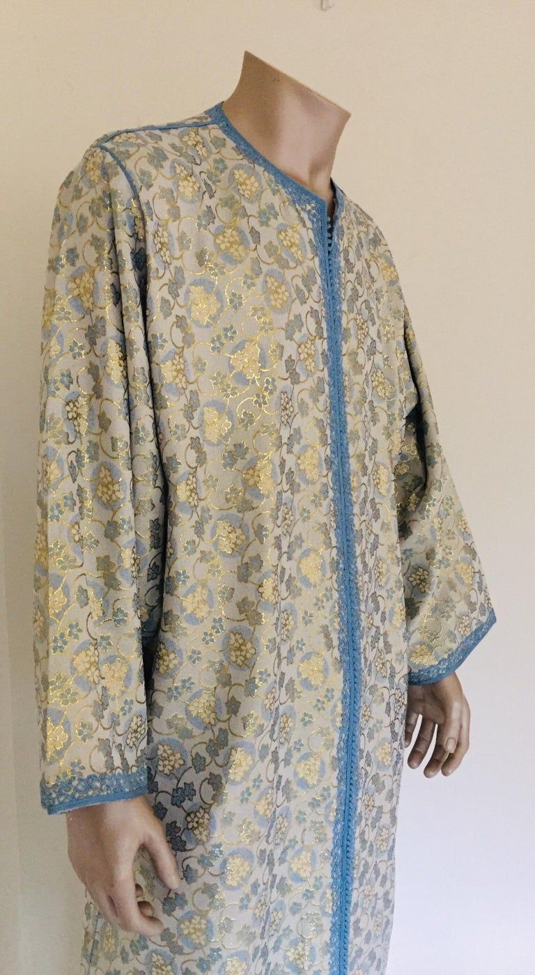 Metallic Blue and Silver Brocade 1970s Maxi Dress Caftan, Evening Gown Kaftan