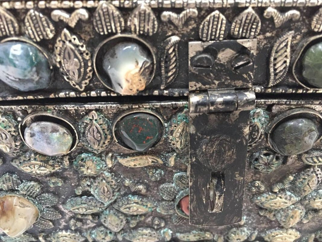 Large Moroccan Wedding Silvered Jewelry Box Inlaid with Semi-Precious Stones